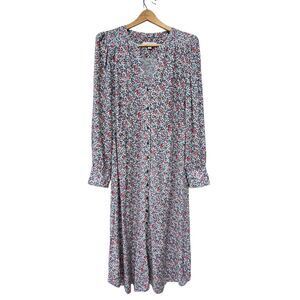 Loft Ditsy Floral Button Front Midi Dress Womens Size 12 Long Sleeve Modest